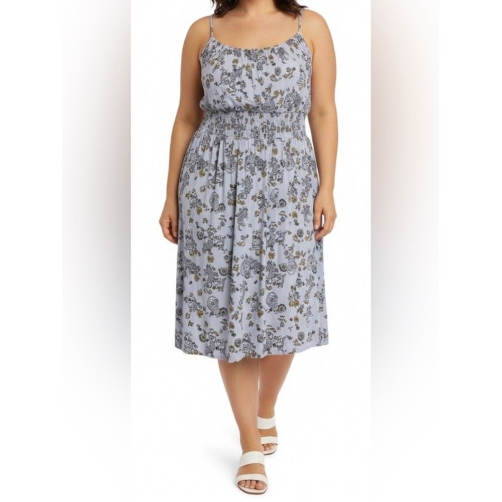 ModCloth Blue Cat Floral Print Smocked Waist Midi Dress Cottagecore Size 2X